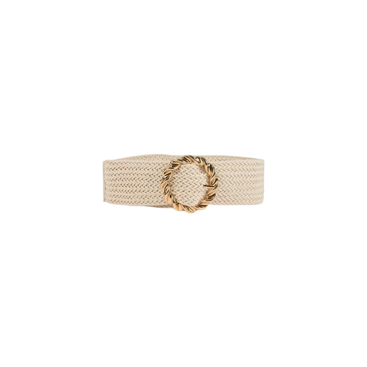 Cintura Morgan De Toi 3MOSCA; tessuto intrecciato (cotone/viscosa), fibbia rotonda oro. Altezza generosa, design a corda metallica, vestibilità confortevole. Accessorio versatile per look casual-chic e cerimonie. Vista frontale