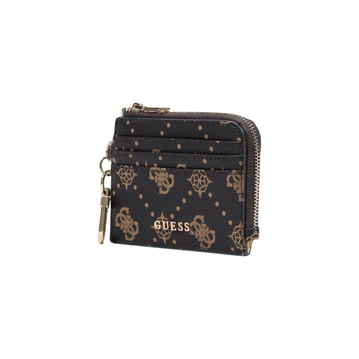 Portafoglio Portachiavi Marrone Guess; Dimensioni 13x10x0.5 cm. Realizzato in 100% poliuretano effetto pelle con motivo a loghi e pois. Chiusura con zip, tasche interne, gancio esterno e dettagli oro. Vista frontale Laterale