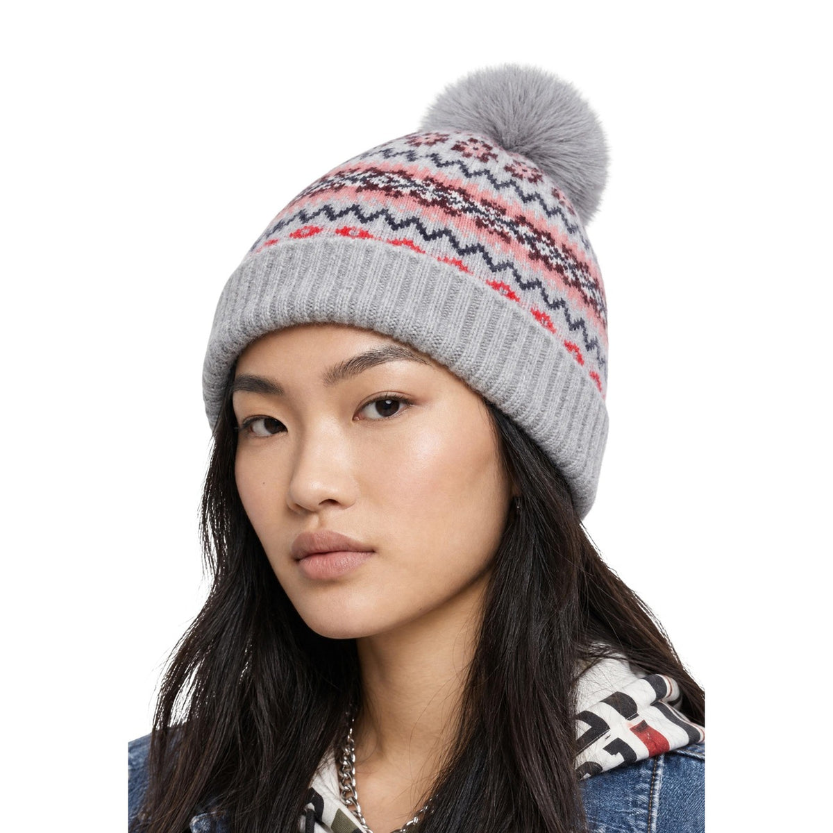 Berretto donna Pieces grigio – Cappello invernale jacquard con pompon 17166793.