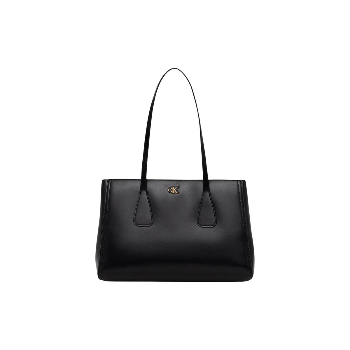 Calvin Klein Shopping Bag Medium; borsa nera tote in ecopelle con scomparto diviso e chiusura magnetica. Base rigida rinforzata e manici lunghi per un comfort ottimale a spalla. Vista frontale
