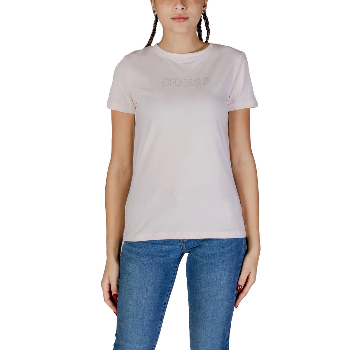 T-shirt Guess Active BRIANA SS donna rosa chiaro con stampa maniche corte scollo tondo - vista frontale indossata da modello