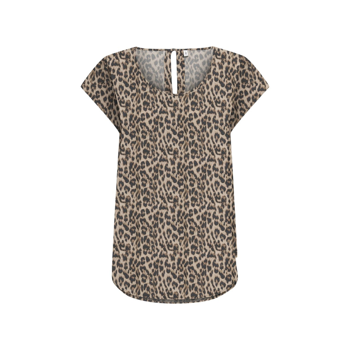 Blusa Only ONLNOVA LIFE; 100% Viscosa. Maniche corte, scollo rotondo, stampa grafica moderna. Vestibilità fluida e leggera. Top donna casual-chic per l'estate. Leopardat vista stesa frontale