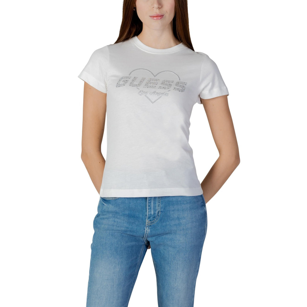 T-shirt Guess Active NARCISO donna bianca con stampa strass maniche corte scollo tondo 100% cotone - vista frontale indossata da modello