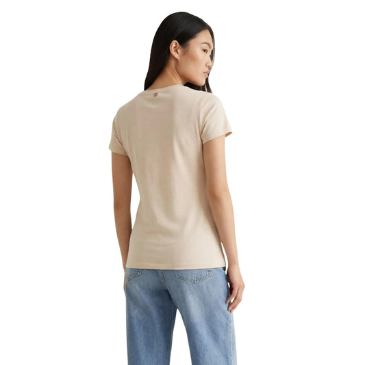 Liu Jo T-shirt ECS Moda; 100% cotone, decoro floreale ricamato con applicazioni luminose. Stile femminile e comfort quotidiano. Colore beige chiaro. Vista posteriore