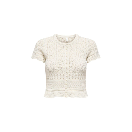 Only Onlelke Pearl Cardigan; cotone e poliestere riciclati, lavorazione a traforo, bottoni perla. La maglia raffinata e sostenibile per un look bon-ton contemporaneo. Colore panna. Vista frontale Stesa