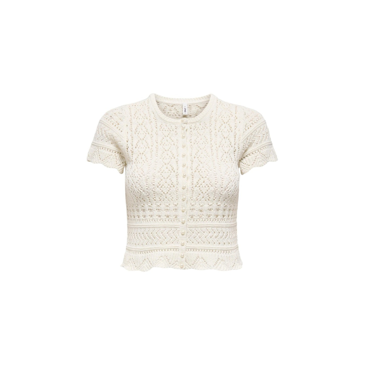 Only Onlelke Pearl Cardigan; cotone e poliestere riciclati, lavorazione a traforo, bottoni perla. La maglia raffinata e sostenibile per un look bon-ton contemporaneo. Colore panna. Vista frontale Stesa