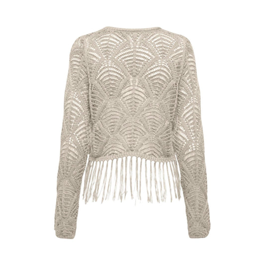 Maglione Only Onlleonie; 100% acrilico, trama traforata, girocollo, dettaglio frange sul fondo. Il must-have boho-chic per la tua mezza stagione. Colore beige vista posteriore