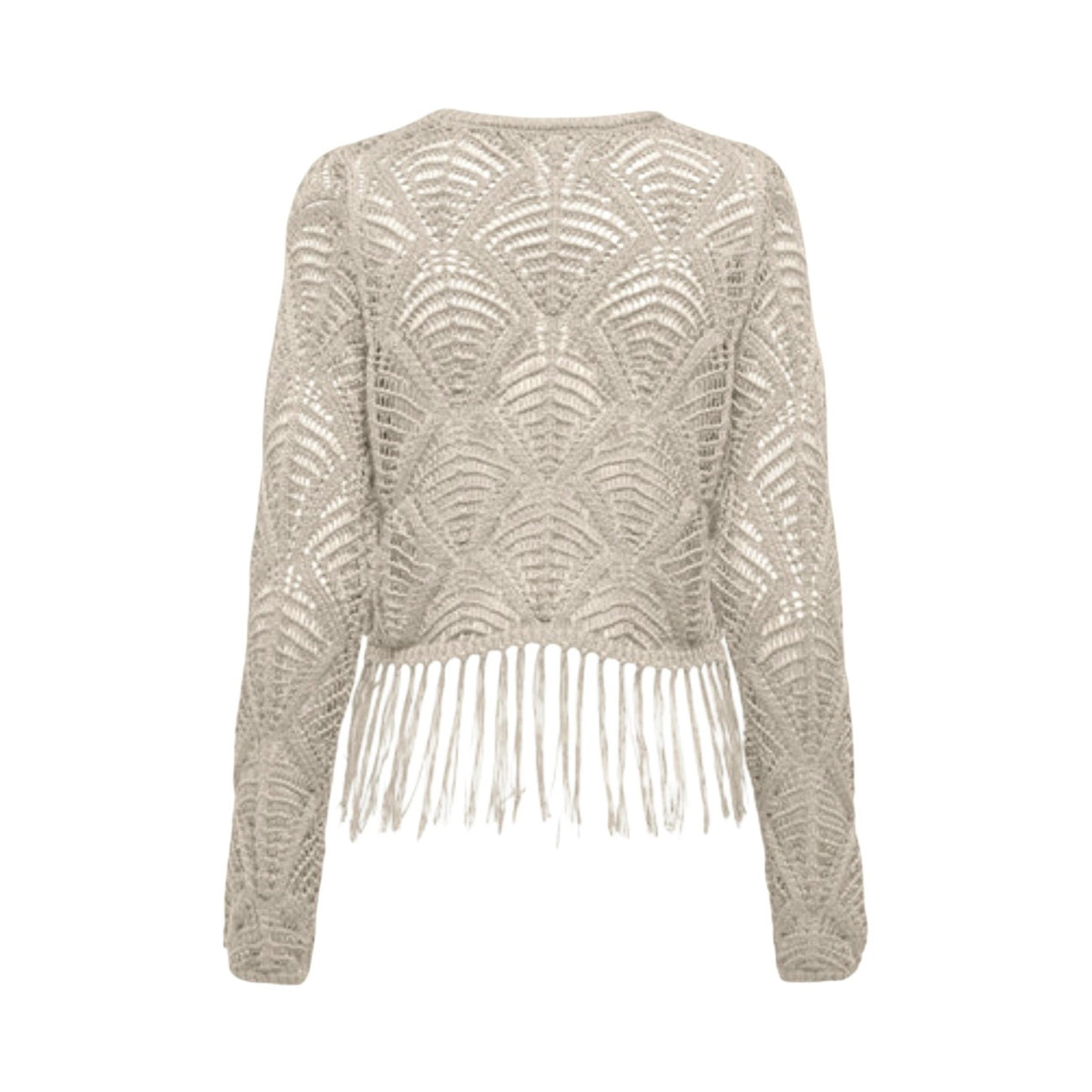 Maglione Only Onlleonie; 100% acrilico, trama traforata, girocollo, dettaglio frange sul fondo. Il must-have boho-chic per la tua mezza stagione. Colore beige vista posteriore