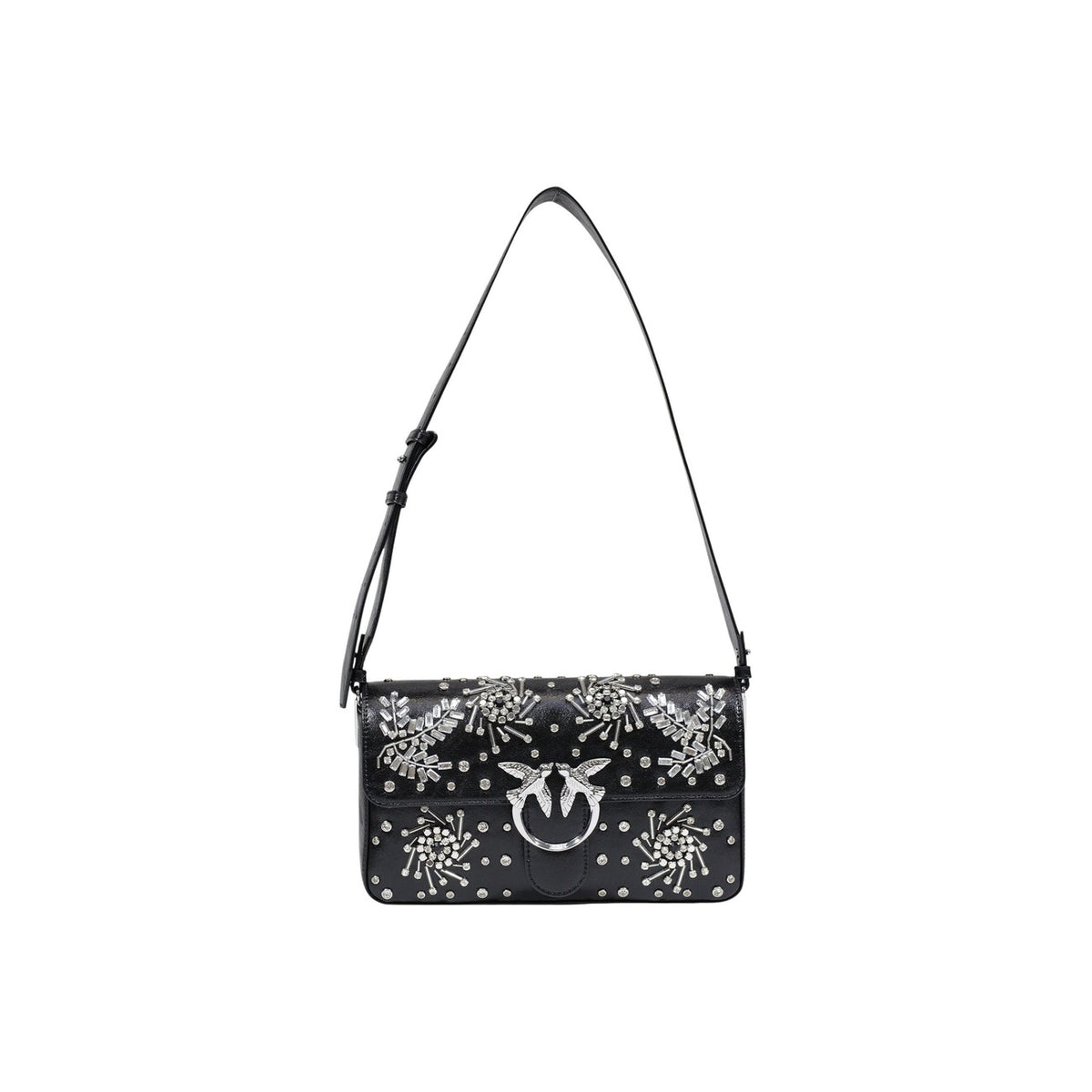 borsa nera media da donna Pinko LOVE SLOUCHY CLASSIC MEZZO BAC 106182 A37O. Realizzata con una composizione di 50% poliammide e 50% poliuretano. dettagli gioiello e applicazioni scintillanti. Vista frontale