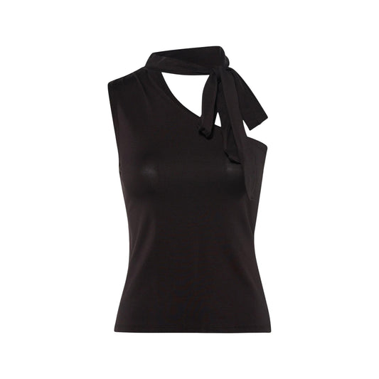 Canotta monospalla da donna marrone firmata Jacqueline de Yong (JDY) in tessuto ecologico leggero, caratterizzata da un elegante scollo asimmetrico e un foulard coordinato da annodare al collo.