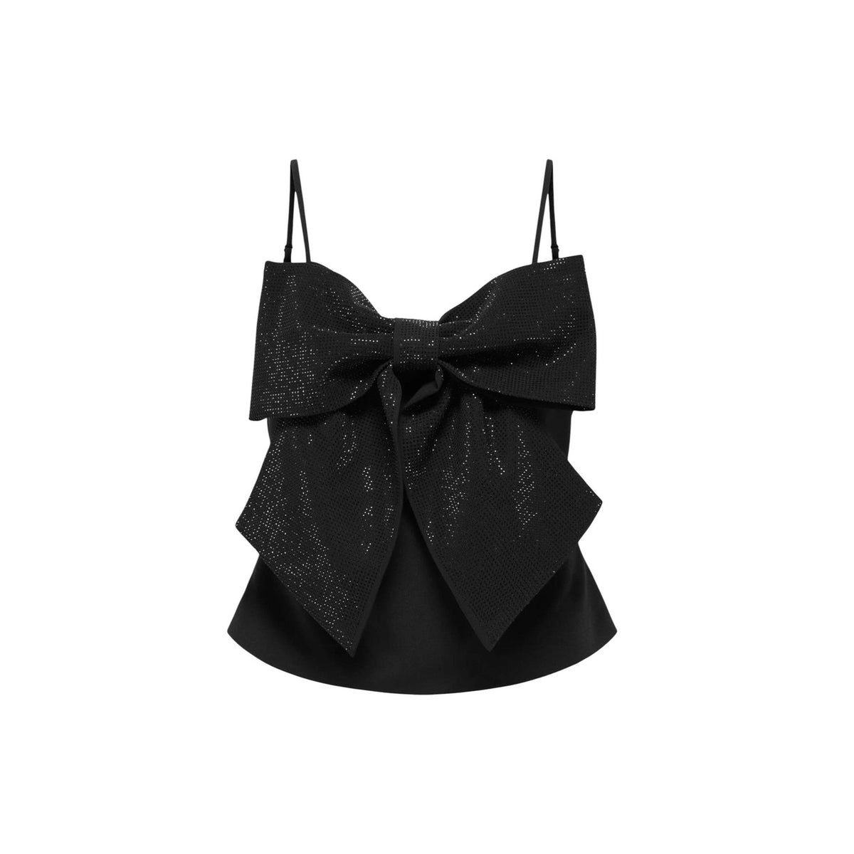 top nero con spalline impreziosite da fiocchi con strass, modello Onlginie Rhinestone Bow Strap Top Wvn del marchio ONLY. Vista frontale