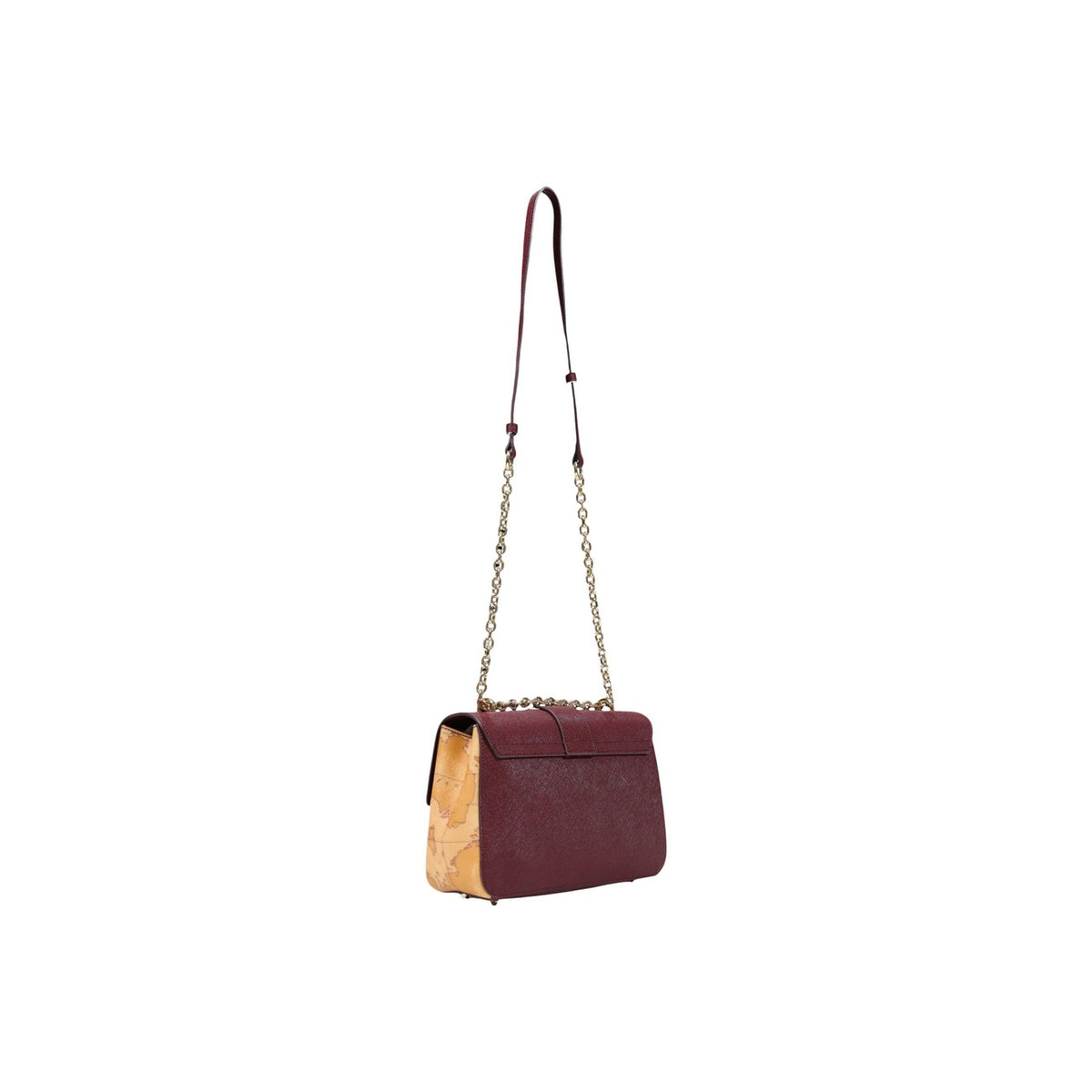 Borsa tracolla donna Alviero Martini Prima Classe L LG33 T407. Borsa da donna con dettagli mappa Geo sui lati, tracolla con catena oro, charm cuore e dimensioni 26x17x8 cm.