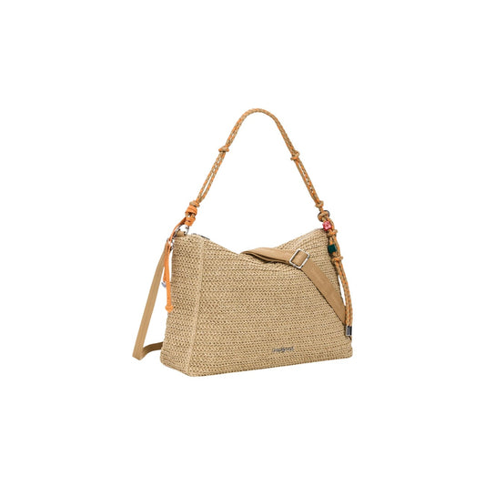 Borsa grande in rafia di forma rettangolare, tracolle intercambiabili, dettaglio di charms con portacarte ed etichetta con logo ricamato con effetto pelle.
Colore beige