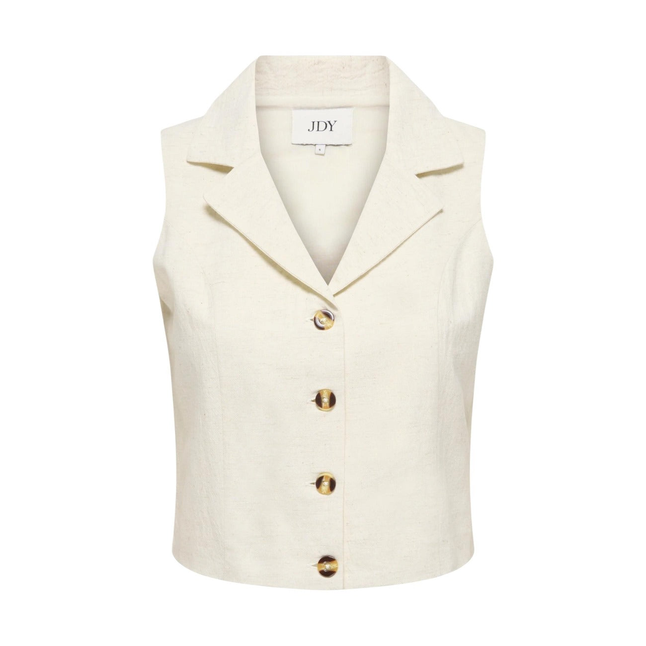 Gilet JDY Jdymilan; 45% cotone, 35% viscosa, 20% lino. Scollo a V, bottoni frontali, senza maniche. Capo sartoriale leggero e traspirante dallo stile moderno e raffinato. Colore panna vista stesa
