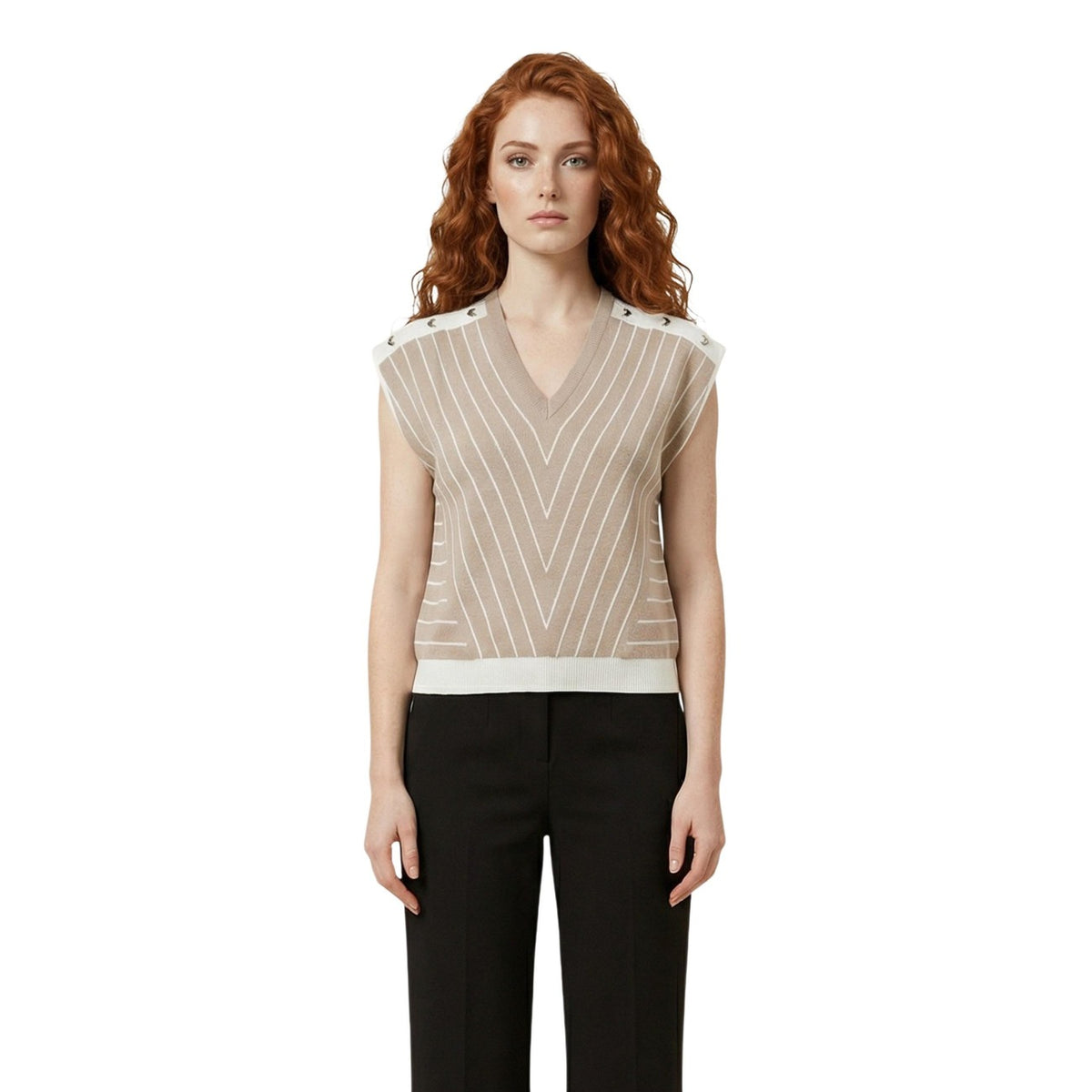Liu Jo Gilet Maglia Geometrico beige; scollo a V, dettagli gold sulle spalle, tessuto 65% viscosa. Design ricercato e contemporaneo. Vista frontale