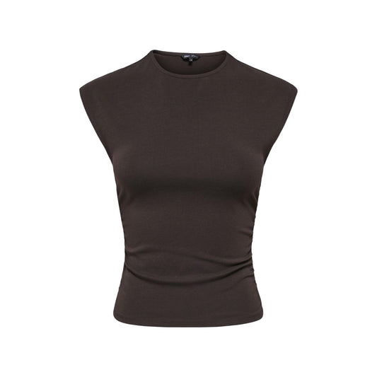 T-shirt Only Onlmira; 95% cotone, 5% elastam, jersey elasticizzato. Girocollo, spalline strutturate, stile minimal-contemporaneo. Top versatile, morbido e resistente per ogni stagione. Colore marrone vista frontale stesa