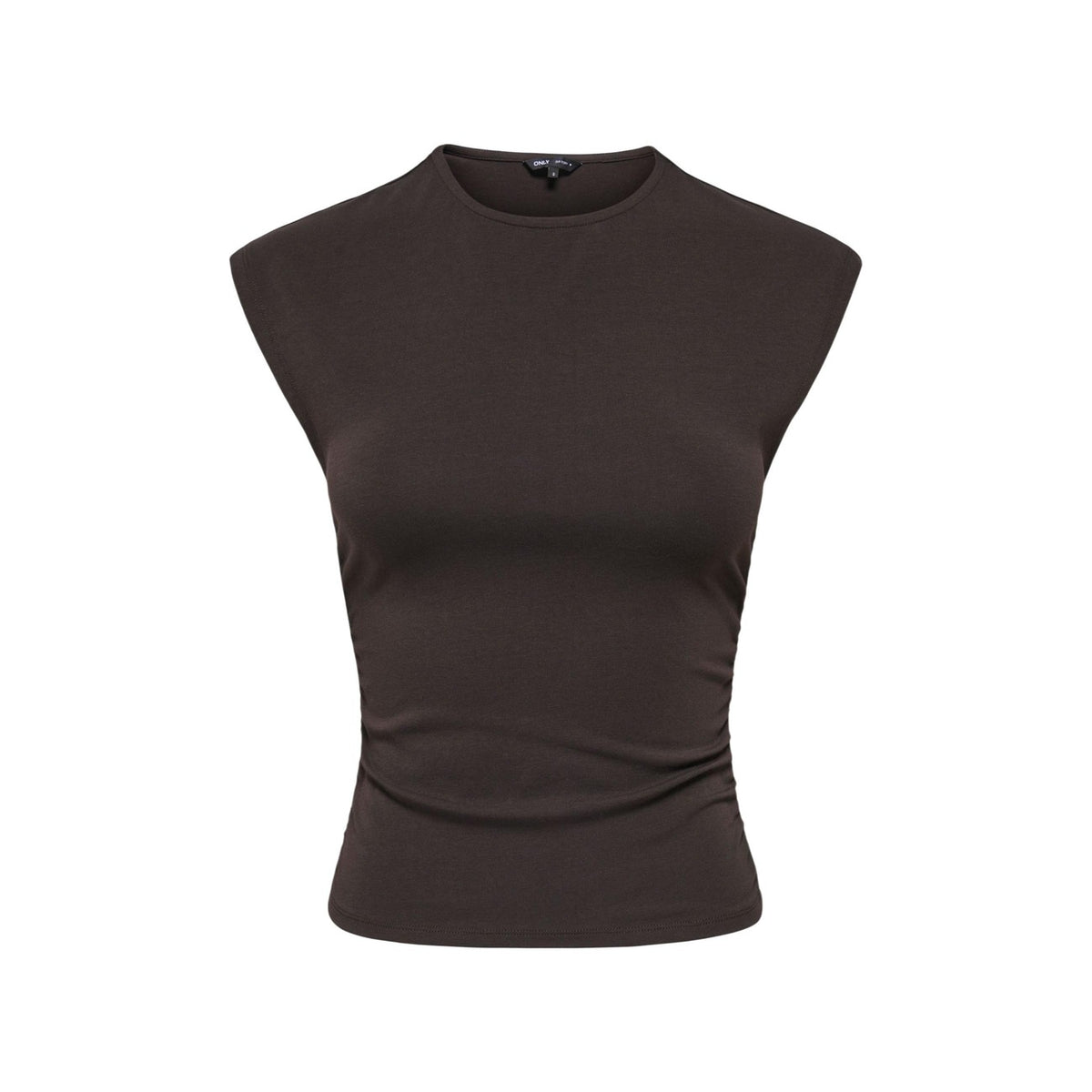 T-shirt Only Onlmira; 95% cotone, 5% elastam, jersey elasticizzato. Girocollo, spalline strutturate, stile minimal-contemporaneo. Top versatile, morbido e resistente per ogni stagione. Colore marrone vista frontale stesa