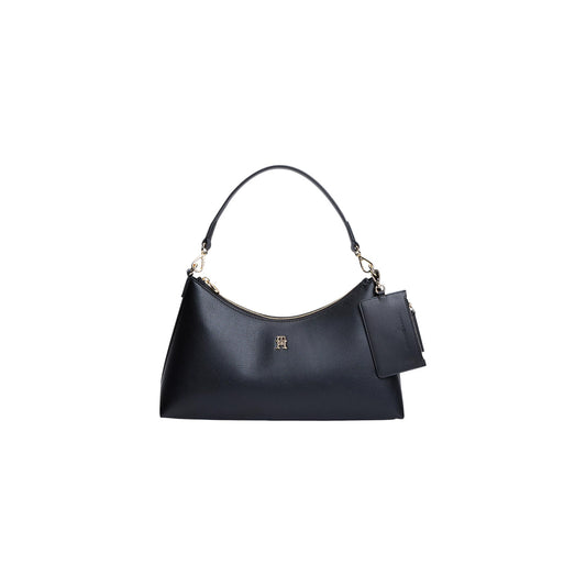 Borsa a Mezzaluna Donna Tommy Hilfiger; Nero. Finitura zigrinata, silhouette curva con zip, tracolla rimovibile e portamonete esterno. Monogramma TH dorato, scomparto extra-large (37,5x23,5 cm) e capienza 6 litri. Vista frontale