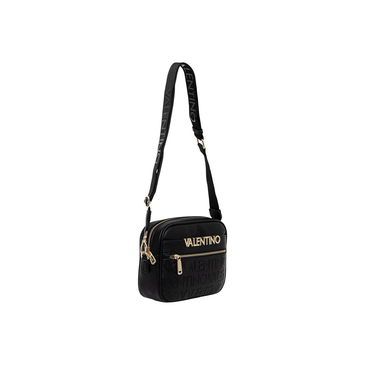 Borsa Media Nera Donna Valentino Bags Cora; Misure 8x16x8 cm. Tessuto 100% poliuretano stile camera bag con tasca frontale e chiusura a zip. Tracolla ampia in nastro regolabile con scritte logo, stile casual 4 stagioni. Vista con tracolla