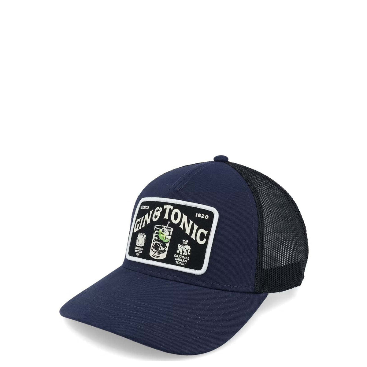 Cappellino Trucker American Needle Gin Tonic; blu navy/nero, logo ricamato, retro in rete, snapback regolabile. Design Inception Collection. Vista frontale laterale