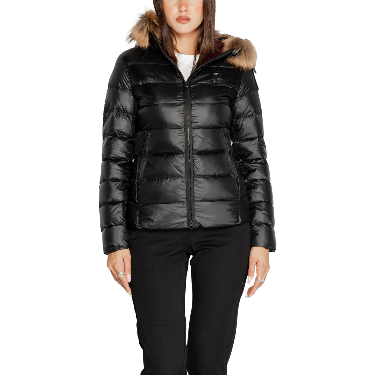 Blauer Giubbotto Piumino nero a righe con pelo ARCADIA Donna vista frontale