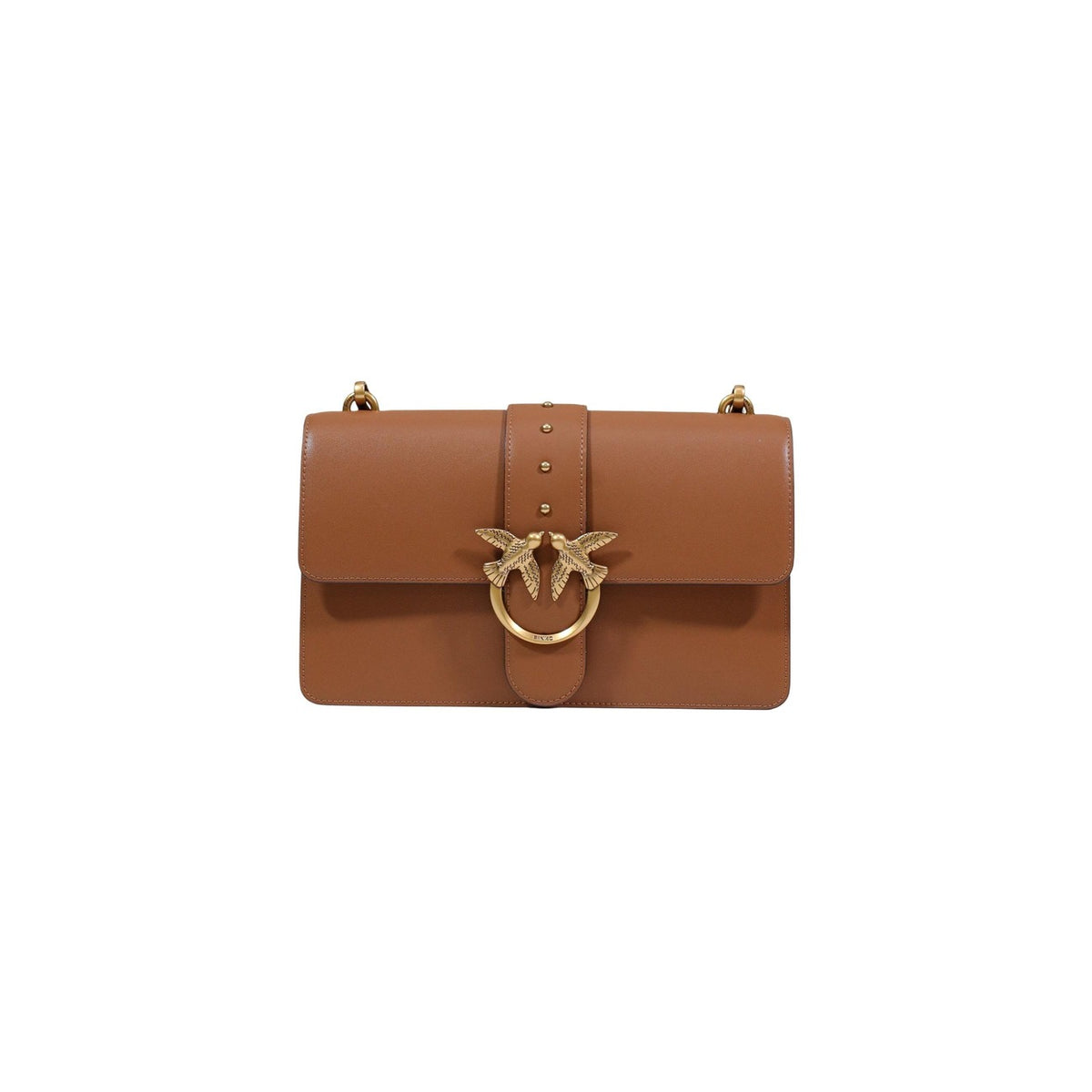 borsa a tracolla Pinko Love Bag One Classic in pelle liscia color cuoio con fibbia Love Birds dorata. Vista frontale