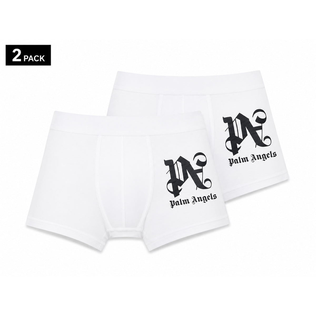 Set 2 Boxer Palm Angels; Stampa su gamba. Elastico tono su tono, cotone stretch premium, vestibilità aderente. Il dettaglio streetwear definitivo per il tuo guardaroba intimo. Bianco frontale