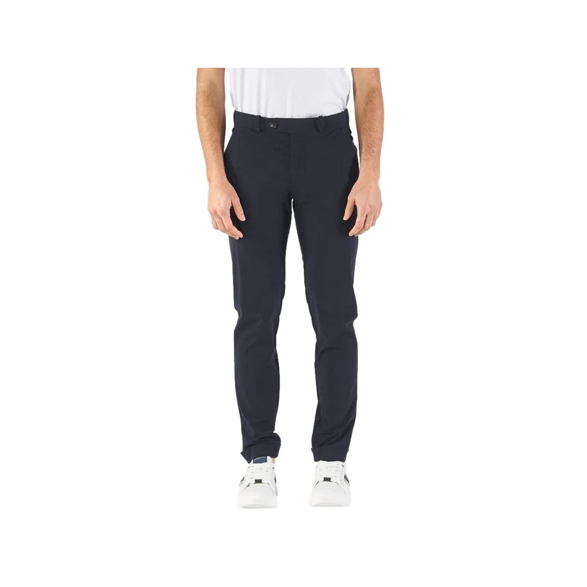RRD Micro Chino Pant Blu PE25; pantalone slim fit in Surflex elasticizzato, micro stampa all-over, traspirante e senza bisogno di stiro, ideale per look business estivi. Vista frontale