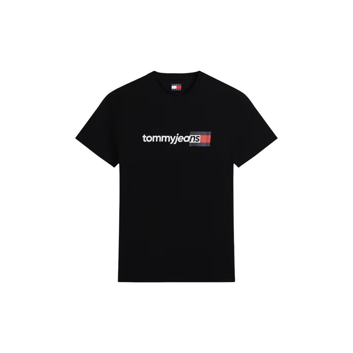 T-shirt Nero Tommy Jeans; Logo Print. 100% Cotone Rigenerato. Regular fit, girocollo, stile casual sostenibile. Leggera, traspirante e iconica. Vista stesa
