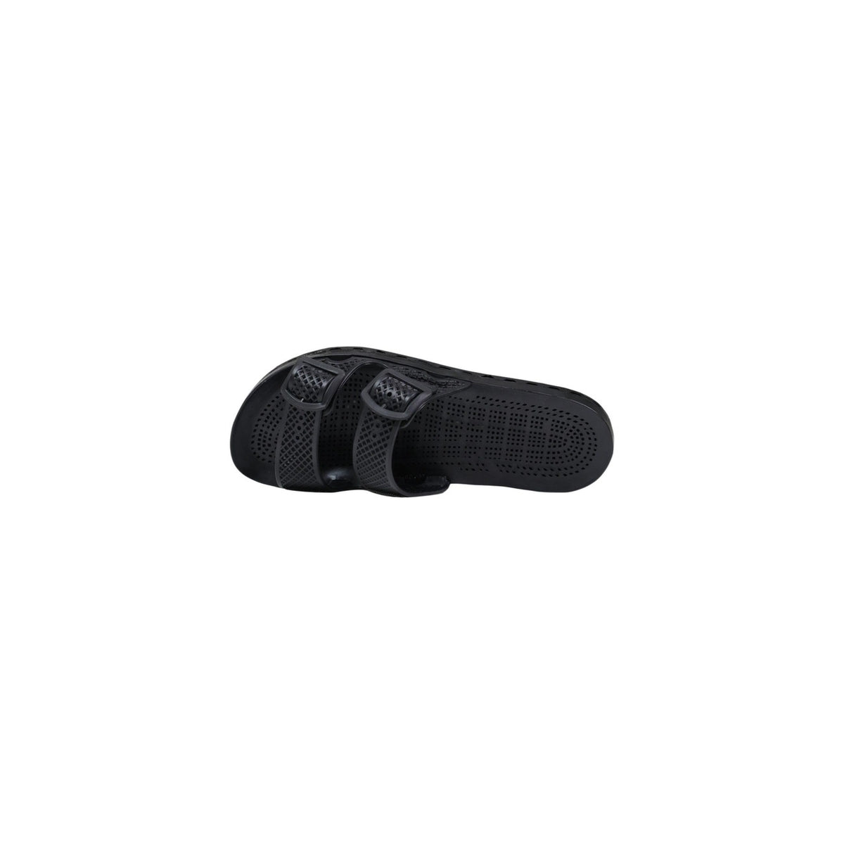 Slide Sensi La Jolla Urban Nere; 100% PVC. Doppia fascia regolabile, suola ergonomica traforata anti-ristagno, altezza 2 cm. Leggere, ultra-resistenti e lavabili. Design Made in Italy. Vista dall’alto