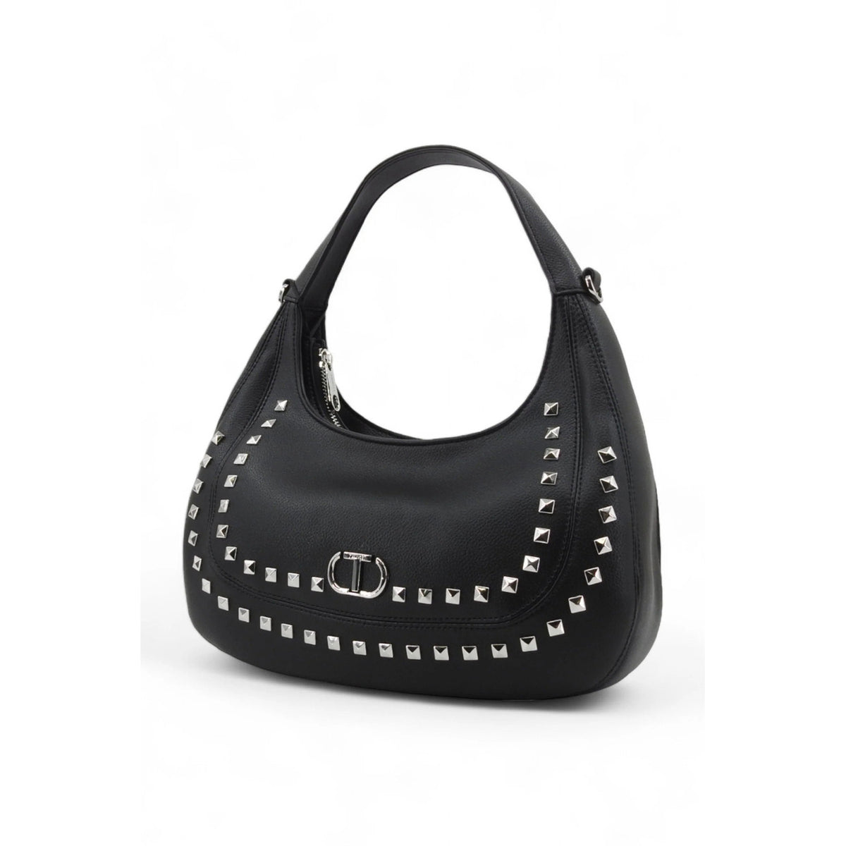 Twinset Borsa Hobo Nera con borchie ; 100% PU, chiusura a cerniera, manico e tracolla removibile. Capiente, sobria e raffinata.