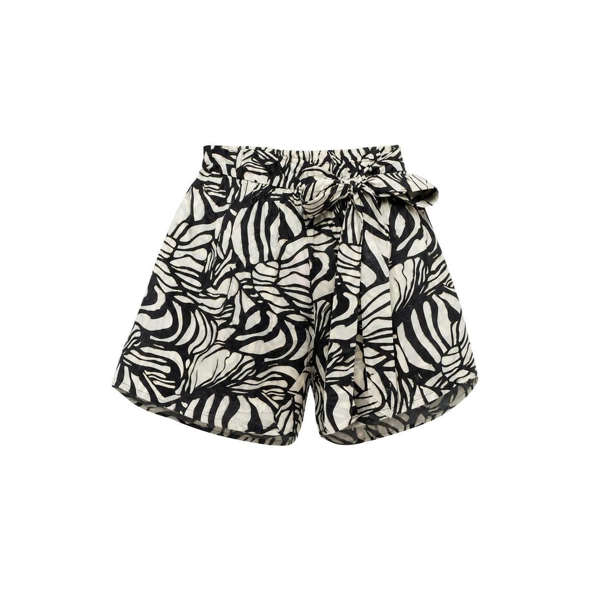 Shorts Neri/beige chiaro Ayfee; Misto Seta. Vita alta con cintura coordinata, fantasia grafica, tessuto lucido e leggero. Taglio morbido e confortevole per un look estivo fashion. Vista frontale stesa