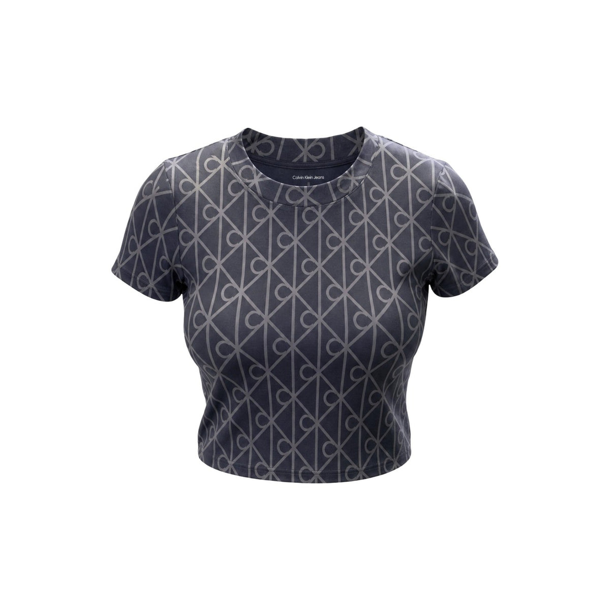 T-shirt Cropped Monogram CK; Grigio antracite. 95% Cotone, 5% Elastam. Taglio corto, motivo all-over, vestibilità stretch. Moderna, iconica e perfetta per look a vita alta. Frontale stesa