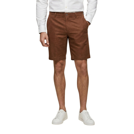 Bermuda Borghese 4SBE61; 100% lino, Regular Fit. Tasche a filo, passanti per cintura, chiusura con zip e bottone. Shorts eleganti, freschi e traspiranti, stile sartoriale per la stagione calda. Colore marrone. Vista frontale