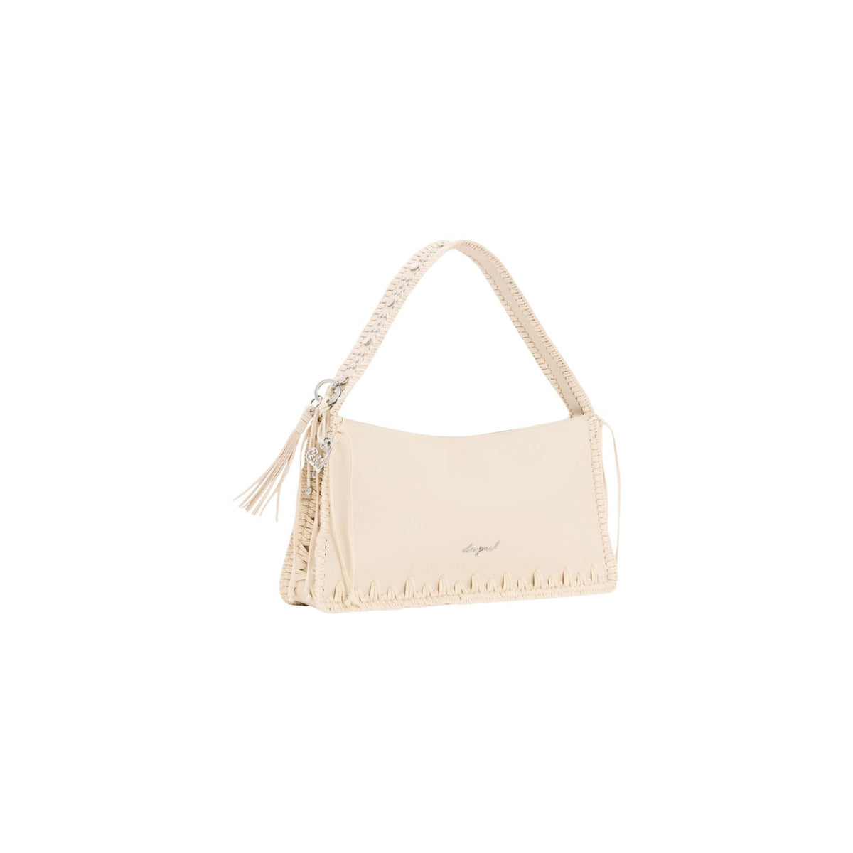 Borsa SS26 Multicolore; borchie metalliche, bordi intrecciati, orlo sfrangiato. Chiusura zip, manico largo intercambiabile, design sottile e strutturato. Stile artigianale contemporaneo.