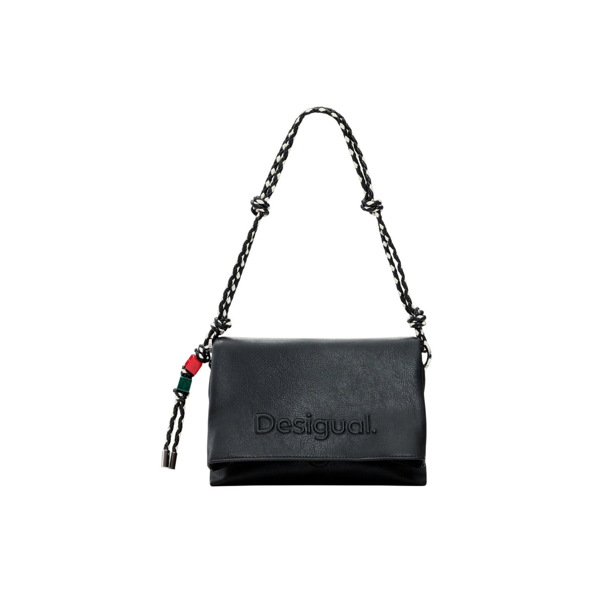 borsa media nera da donna Desigual BAG_HALF LOGO VENECIA 4.0 Realizzata interamente in poliestere. Texture morbida e resistente. logo Desigual in rilievo sulla patta frontale, mentre il manico intrecciato con dettagli decorativi. Vista frontale