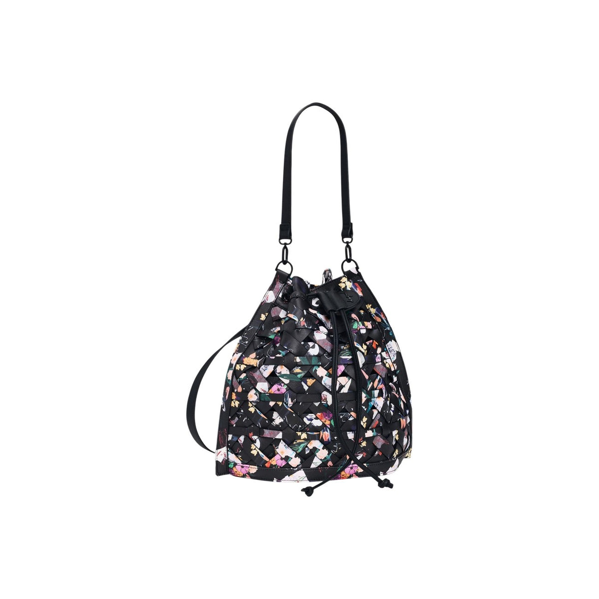 zaino medio Desigual intrecciato nero con fiorI vista frontale Laterale