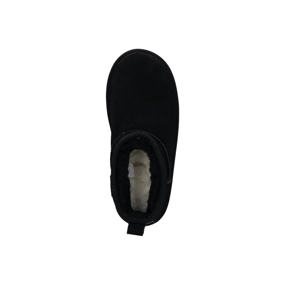 Stivali UGG Classic Ultra Mini Platform neri da bambina e ragazza 1157791K. Stivaletti bassi in pelle scamosciata con suola spessa in EVA da canna da zucchero, cuciture a vista e calda imbottitura in lana rigenerata.