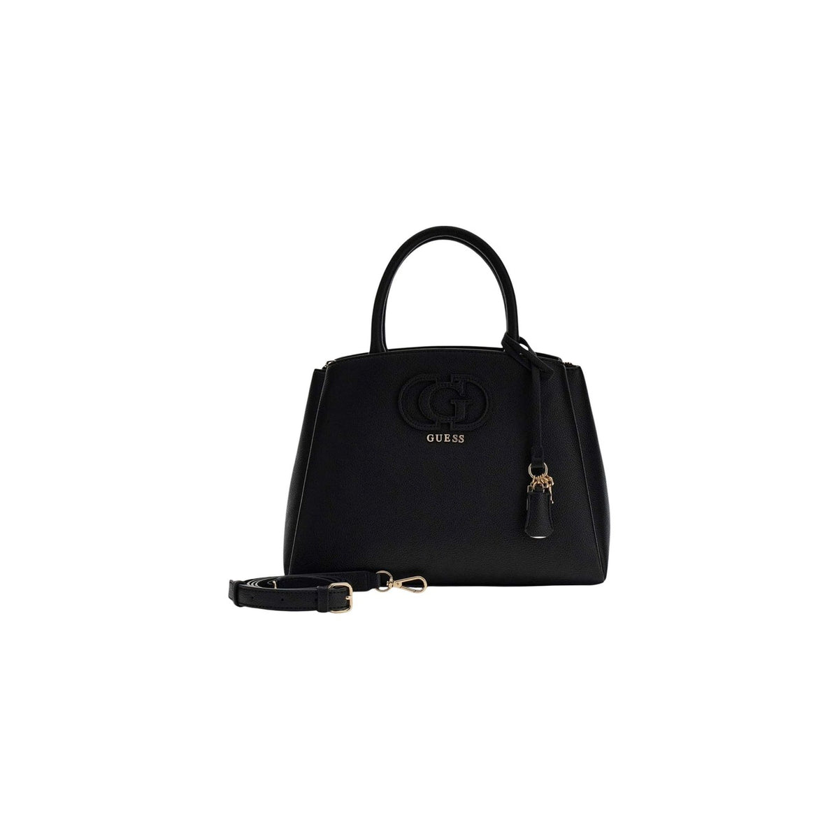 Guess Isola HWBG99 05060, borsa nera media a tre scomparti; doppio manico, charm logato e interni organizzati, uno stile sofisticato ideale per l'uso quotidiano e il business. Vista frontale