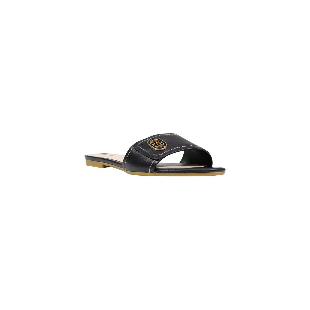Liu-Jo Sandy 03 Slipper SA6127P0102, sandali neri bassi in 100% pelle con applicazione logo metallico; suola leggera, calzata slip-on e finiture artigianali di alta qualità. Vista frontale