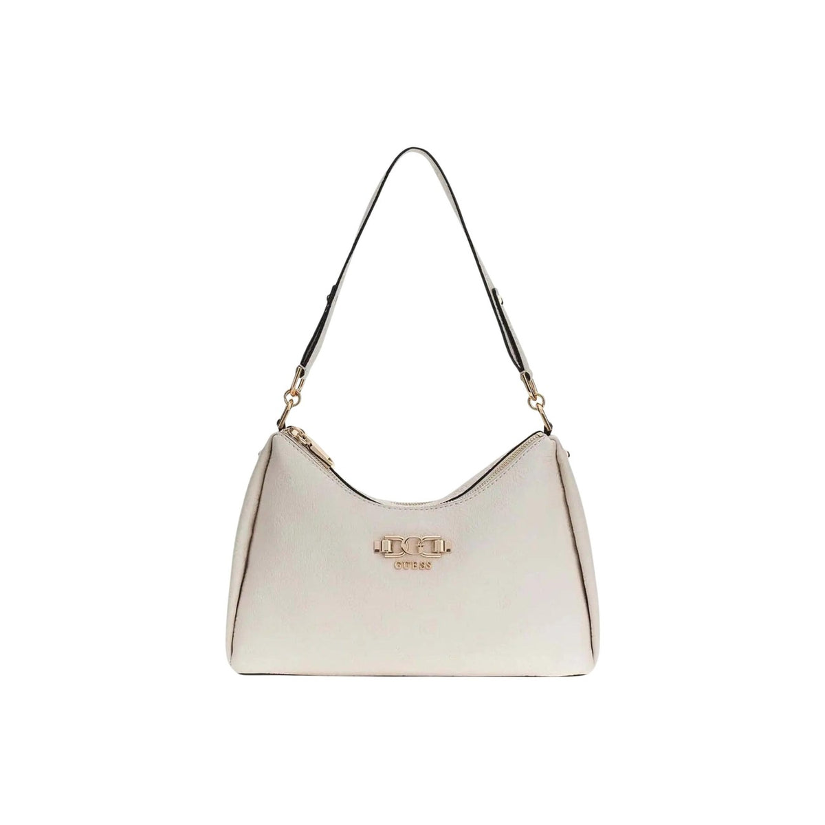 Guess Anise HWPD99 16180, borsa bianca media con doppia zip e logo in rilievo; interni multi-scomparto, finiture dorate e stile contemporaneo, perfetta per lavoro e tempo libero. Vista frontale