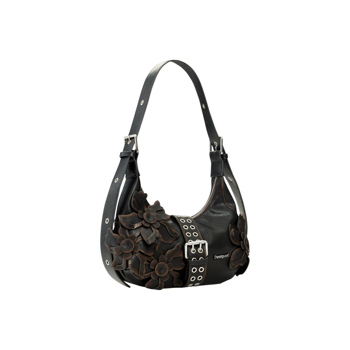 borsa piccola Desigual BAG_CURIO CHOCO MARGO in poliestere color cioccolato con dettagli floreali tridimensionali. Vista frontale laterale