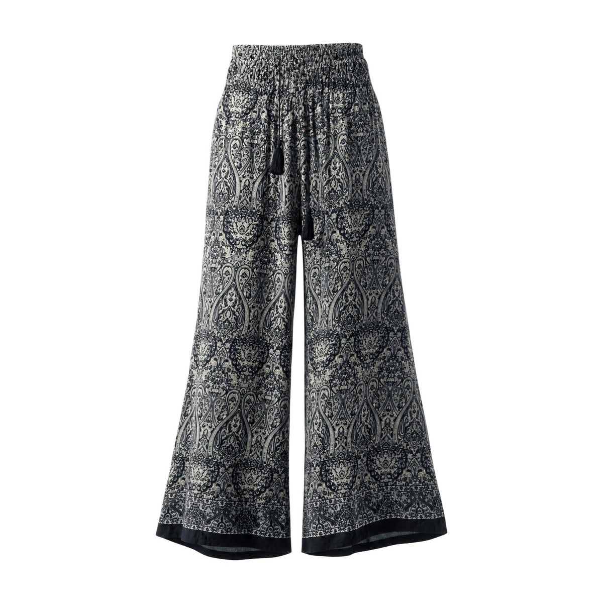 Pantaloni Ampi Neri Ayfee; Misto Seta. Vita elastica con coulisse e nappine, tasche laterali, stampa grafica. Tessuto leggero, fresco e fluido per un look di tendenza.