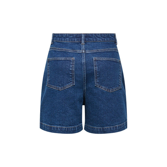 JDYValerie Bermuda City; denim twill a vita alta, regular fit, chiusura con bottoni. Lo short lungo ideale per outfit quotidiani freschi e curati. Colore blu denim vista posteriore stesa