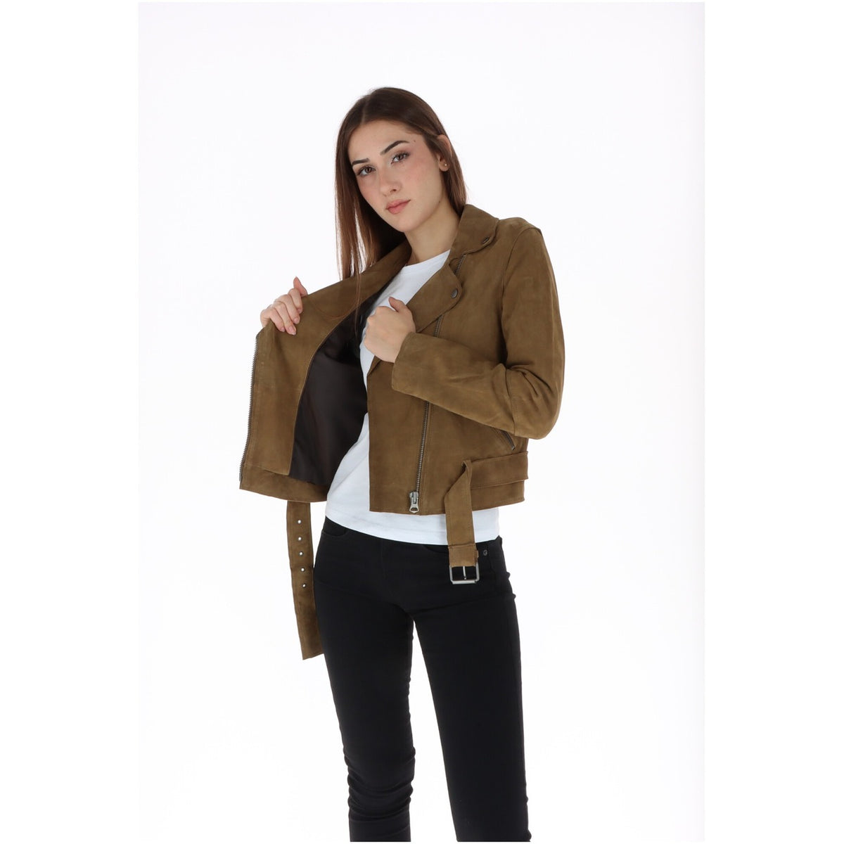 Giacca biker camoscio donna Pepe Jeans – Chiodo in pelle scamosciata marrone PL4024531.