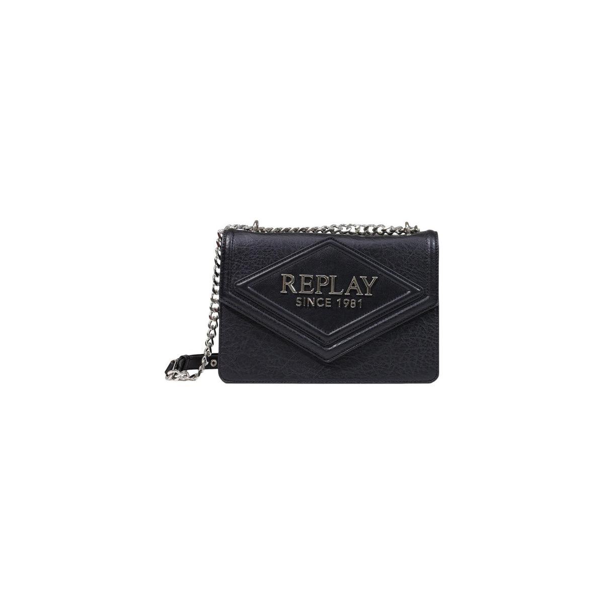 Borsa tracolla Replay nera logo metallo FW01CL.000.A7243S. Borsa piccolamedia da donna nera in ecopelle martellata e liscia con logo 3D in rilievo, tracolla catena dorata o argentata regolabile e chiusura cerniera, borsa elegante da sera e tempo libero 4 stagioni.
