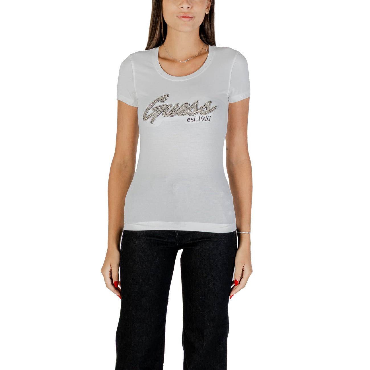 T-Shirt Donna GUESS Art W5YI16 J1314, In Cotone, Scritta Con Dettagli In Cristallo