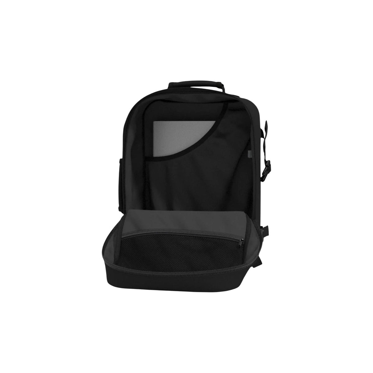 Zaino Cabin Zero Classic 36L; 100% Poliestere Nero. Dimensioni cabina 45x31x20 cm, ultra-leggero, idrorepellente. Backpack uomo con sistema di compressione e manici comfort laterali/superiori. Vista aperta