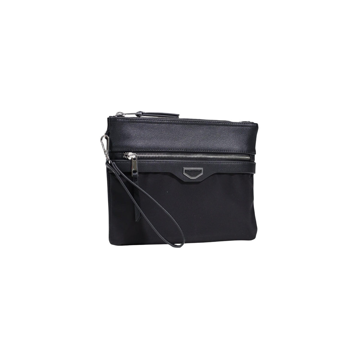 Antony Morato Pouch Double Zip; 100% poliammide, logo metallico, cinturino polso removibile. Compatta, sicura e versatile. Vista frontale laterale