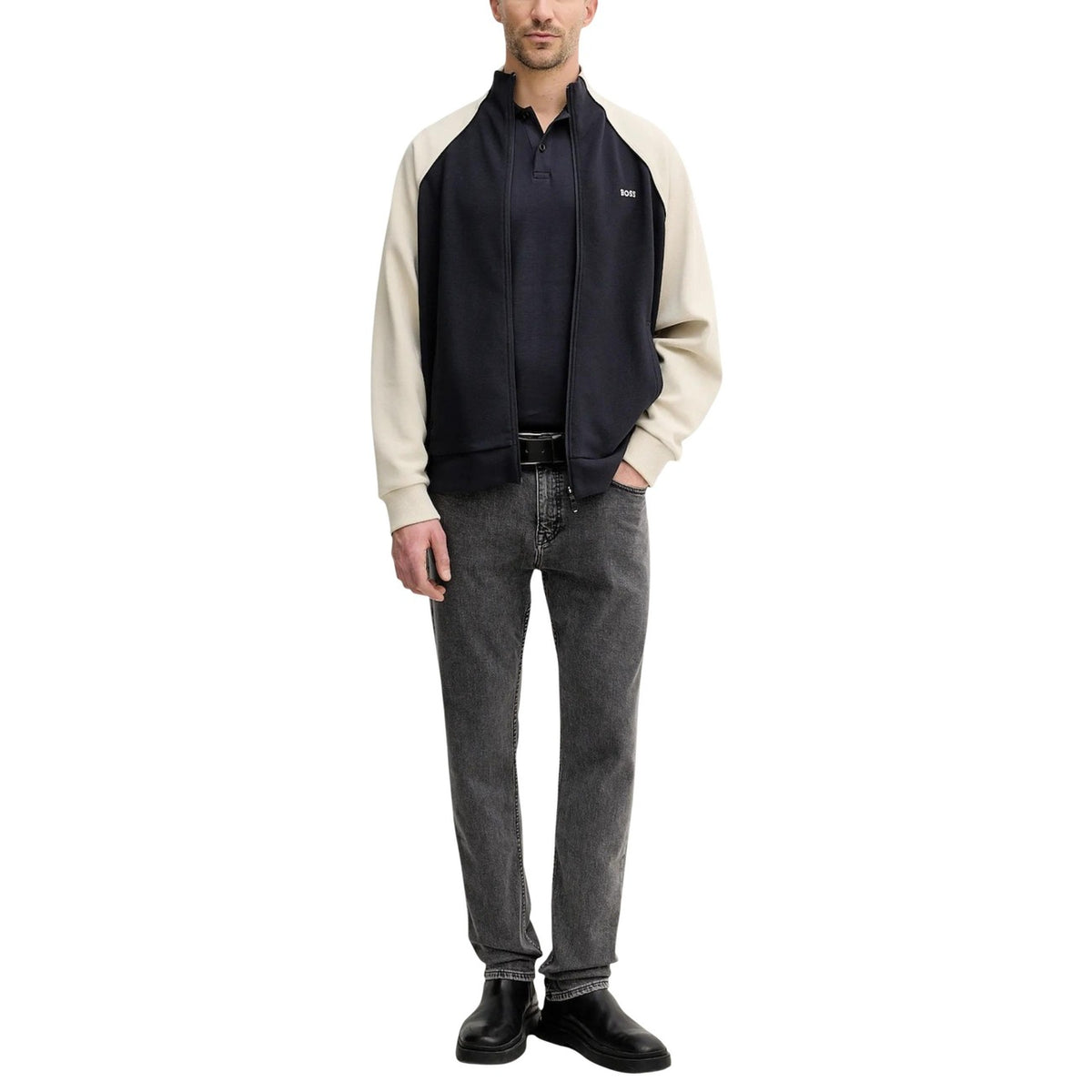 Jeans Boss uomo grigi con tasche anteriori e posteriori - dettaglio frontale in primo piano